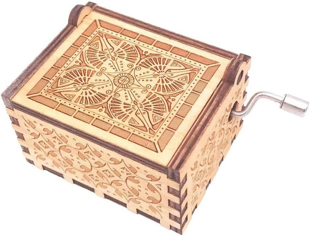 Music Box Hand Crank Musical Box Antique Engraved Carved Crafts,Play Song of Storms,Brown