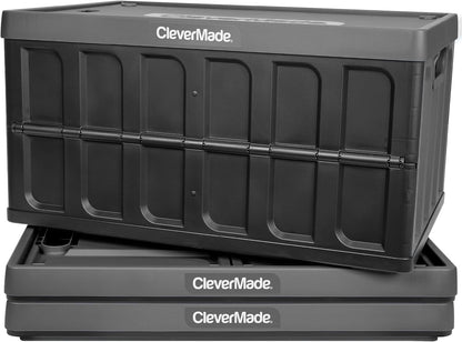 Collapsible Storage Bins with Lids- Charcoal 3 Pack 46L - Plastic Containers Stackable Organization Crates Home Closet Space-Saving Durable